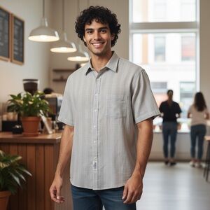 Geoffrey Beene Wrinkle Free Striped Light Cream Short Sleeve Shirt